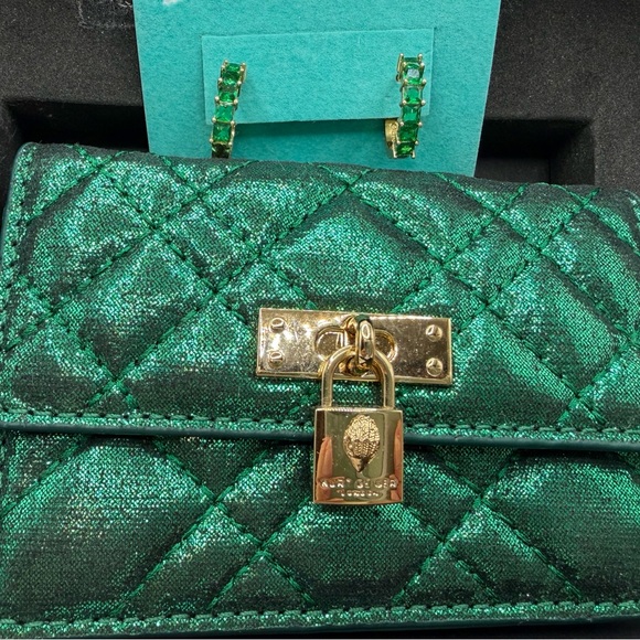 Kurt Geiger Metallic Quilted Mini Bag in Emerald with Gold Lock & Earrings - Picture 3 of 6